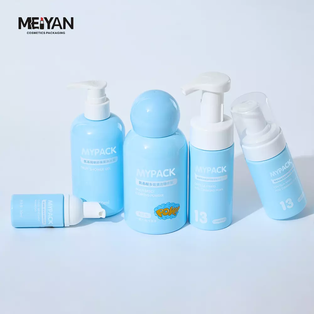 MAPACK cute round shape 250ml 4 oz blue plastic pet pump bottles baby skincare set and body wash packaging kids