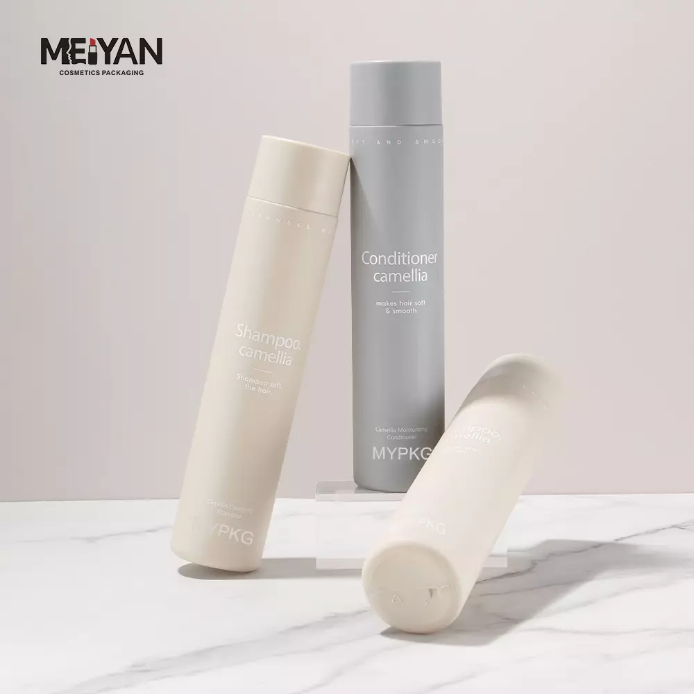 MYPACK custom round cylinder 200ml 300ml matte soft touch skincare hdpe squeeze emty bottles with cap