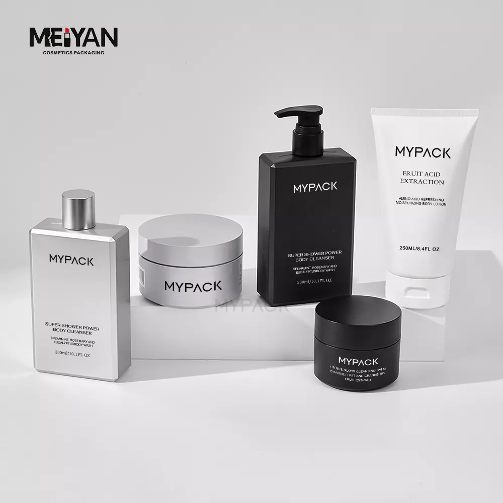 MYPACK cosmetic jar sets matte black frosted luxury custom logo skin care plastic shampoo facial care packaging set 200ml 300ml