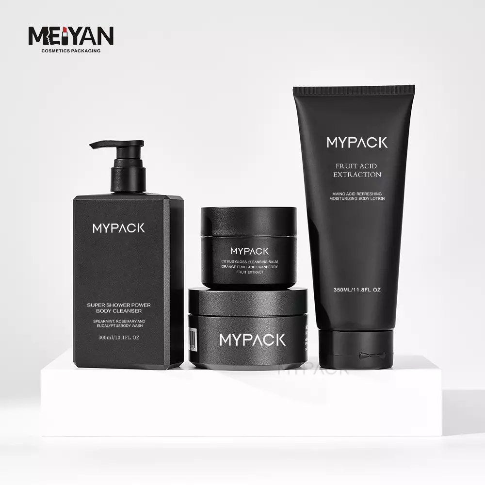 MYPACK cosmetic jar sets matte black frosted luxury custom logo skin care plastic shampoo facial care packaging set 200ml 300ml