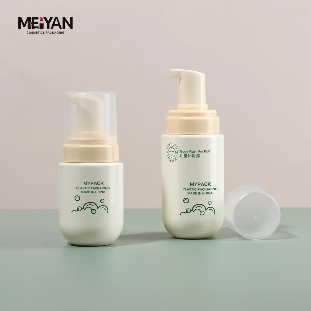 MYPACK cute beige round bottom plastic bottle 100ml 150ml 300ml custom kids shampoo and conditioner foam plastic bottle