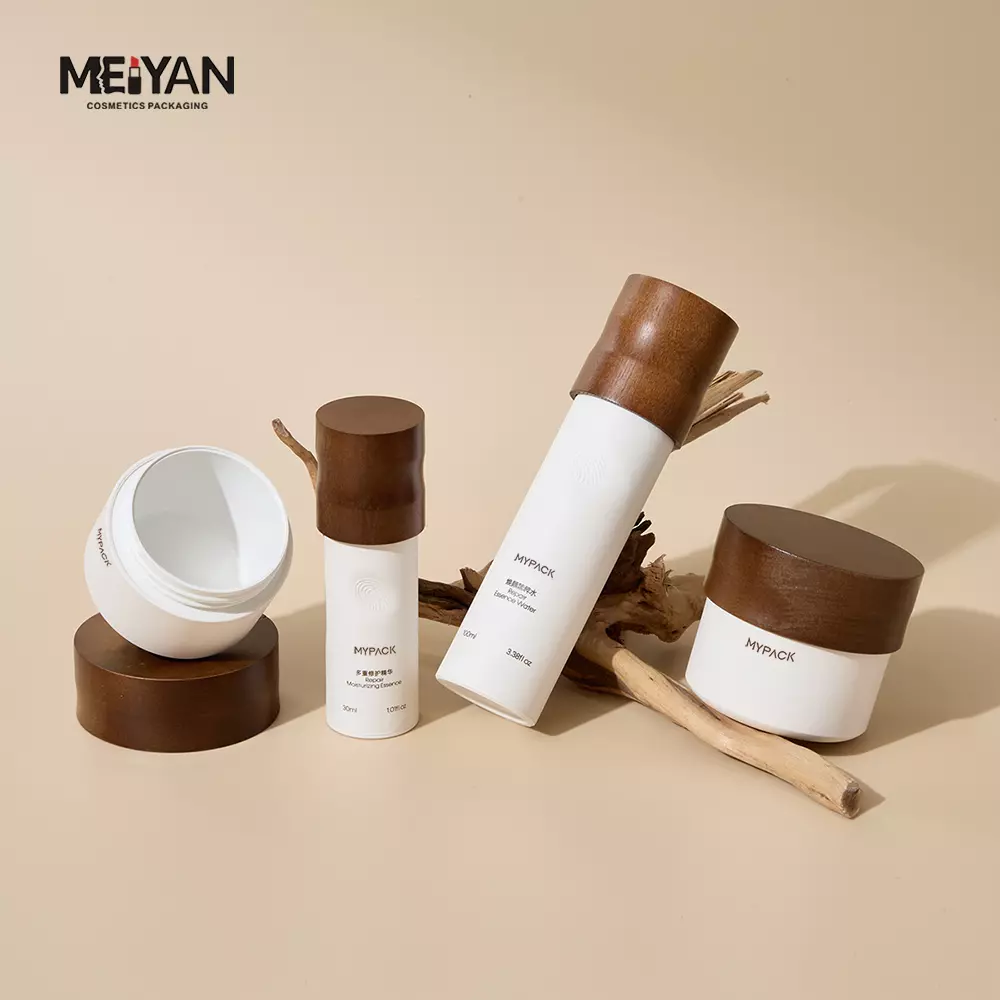 MYPACK refillable 30ml 50ml 100ml luxury eco friendly cosmetic serum lotion bottle and cream jar with wood lid wooden cap