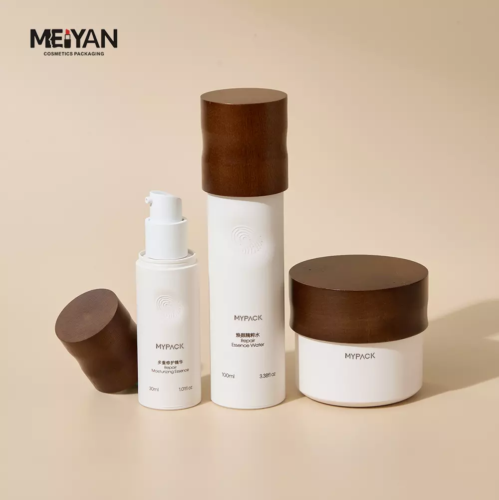 MYPACK refillable 30ml 50ml 100ml luxury eco friendly cosmetic serum lotion bottle and cream jar with wood lid wooden cap