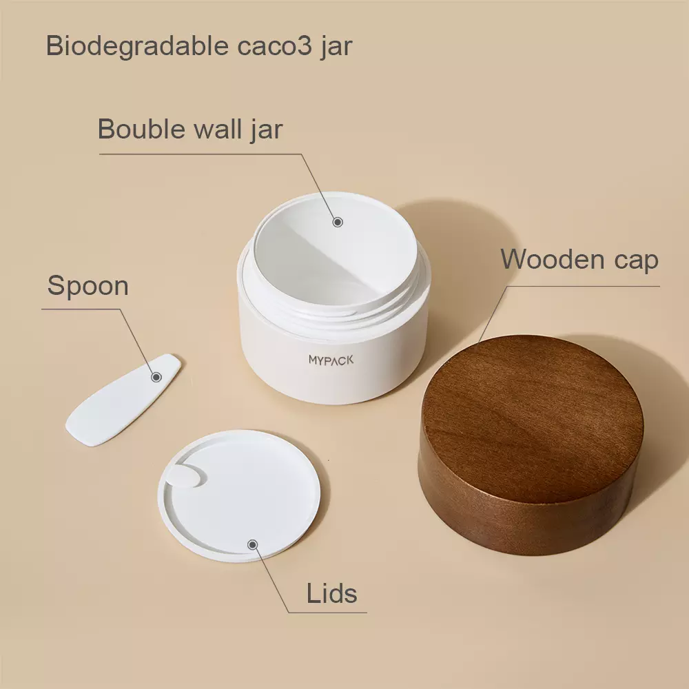 MYPACK refillable 30ml 50ml 100ml luxury eco friendly cosmetic serum lotion bottle and cream jar with wood lid wooden cap