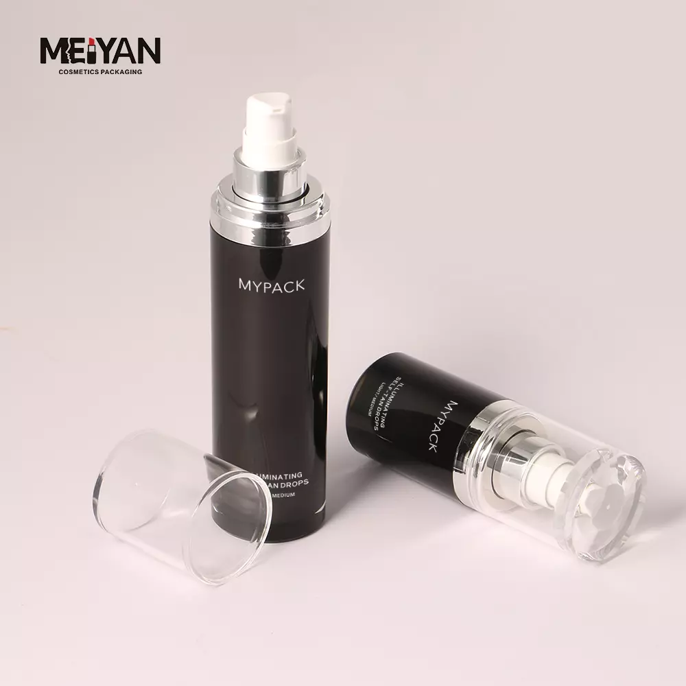 MYPACK custom black 15ml 50ml acrylic airless lotion bottle refillable plastic cosmetic silver serum pump