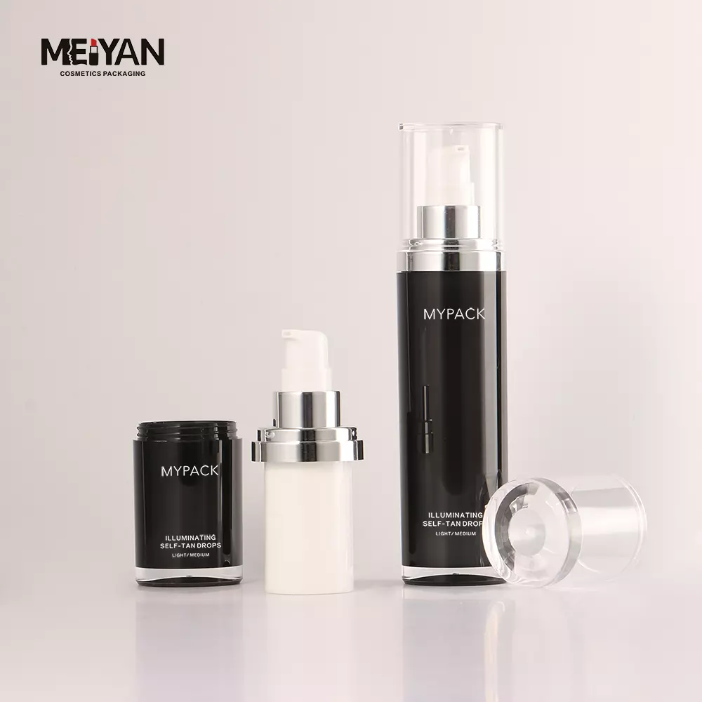 MYPACK custom black 15ml 50ml acrylic airless lotion bottle refillable plastic cosmetic silver serum pump