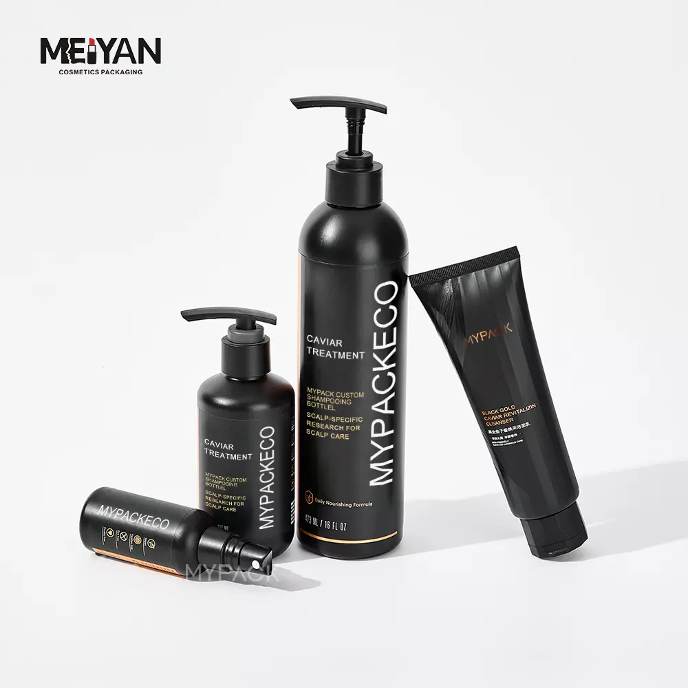 MYPACK custom matte black empty shampoo sprayer lotion pump bottles hdpe set shampoo gold and black luxury label design