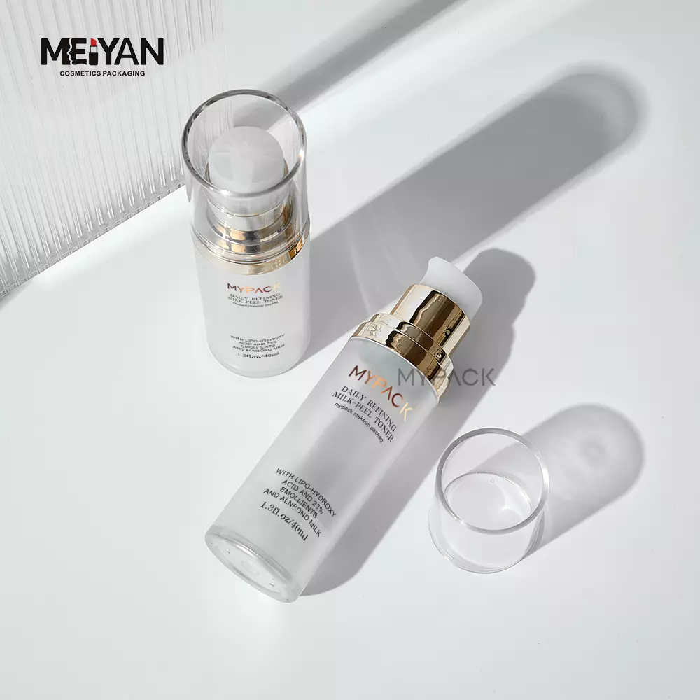 MYPACK eco friendly petg frosted clear 40ml round travel sunscreen cosmetic packaging airless plastic bottles with golden pump