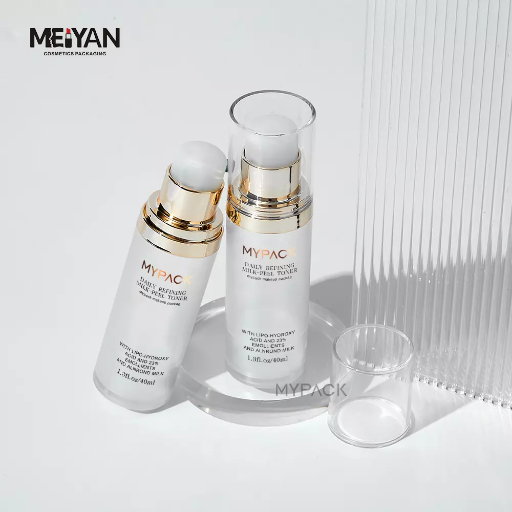 MYPACK eco friendly petg frosted clear 40ml round travel sunscreen cosmetic packaging airless plastic bottles with golden pump