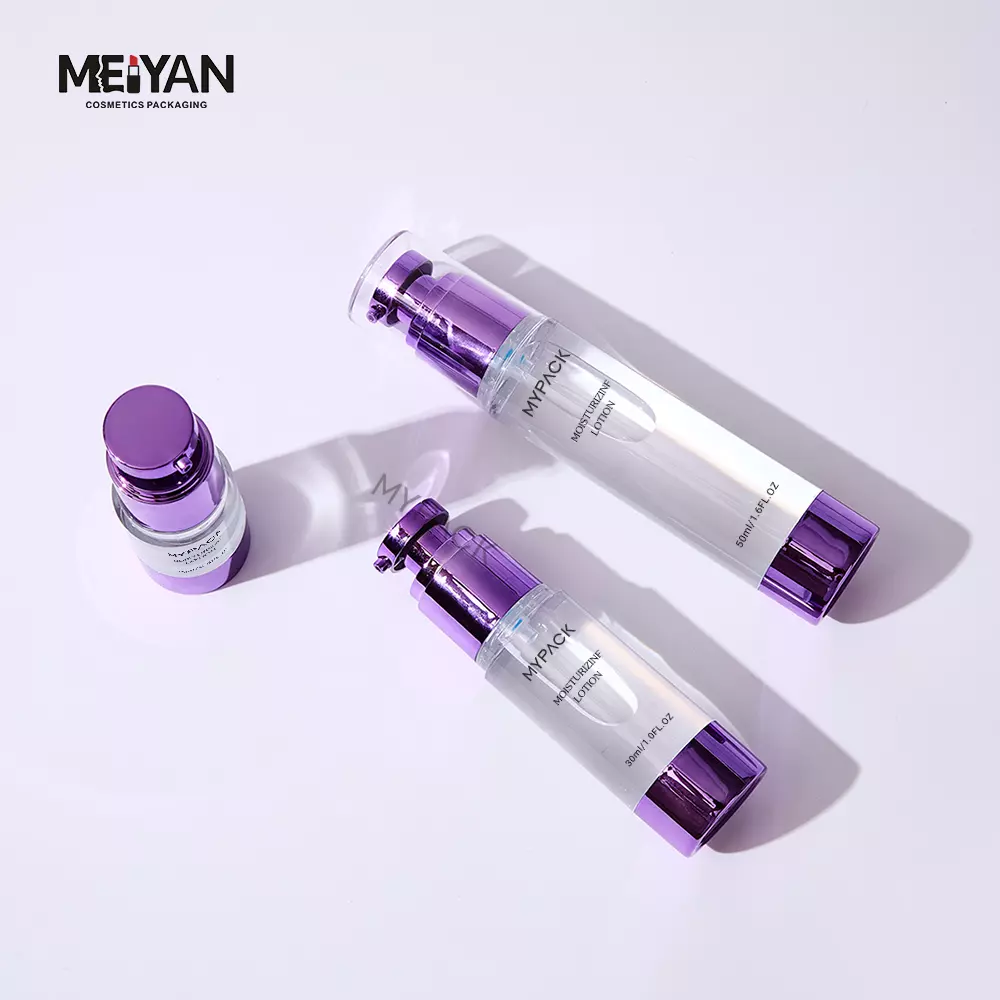 MYPACK custom purple AS plastic cosmetic airless face serum lotion electroplated pump bottle with cap 15ml 30ml