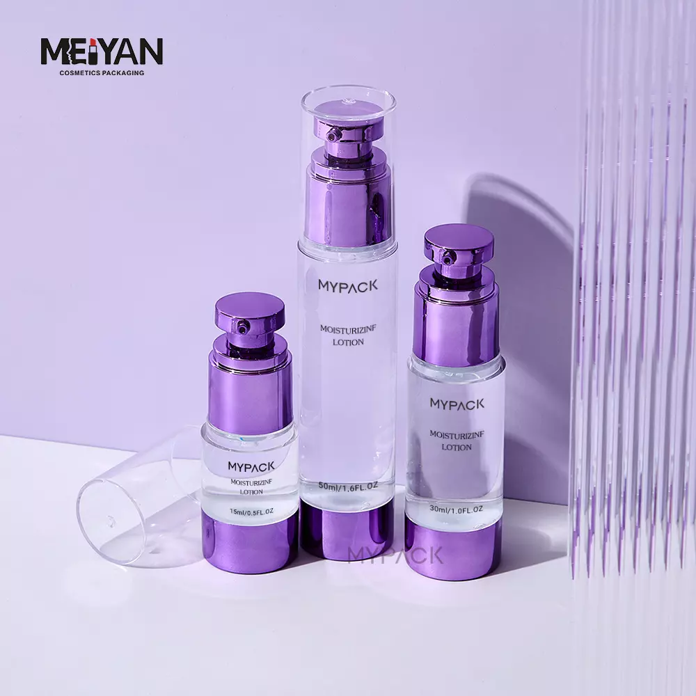 MYPACK custom purple AS plastic cosmetic airless face serum lotion electroplated pump bottle with cap 15ml 30ml