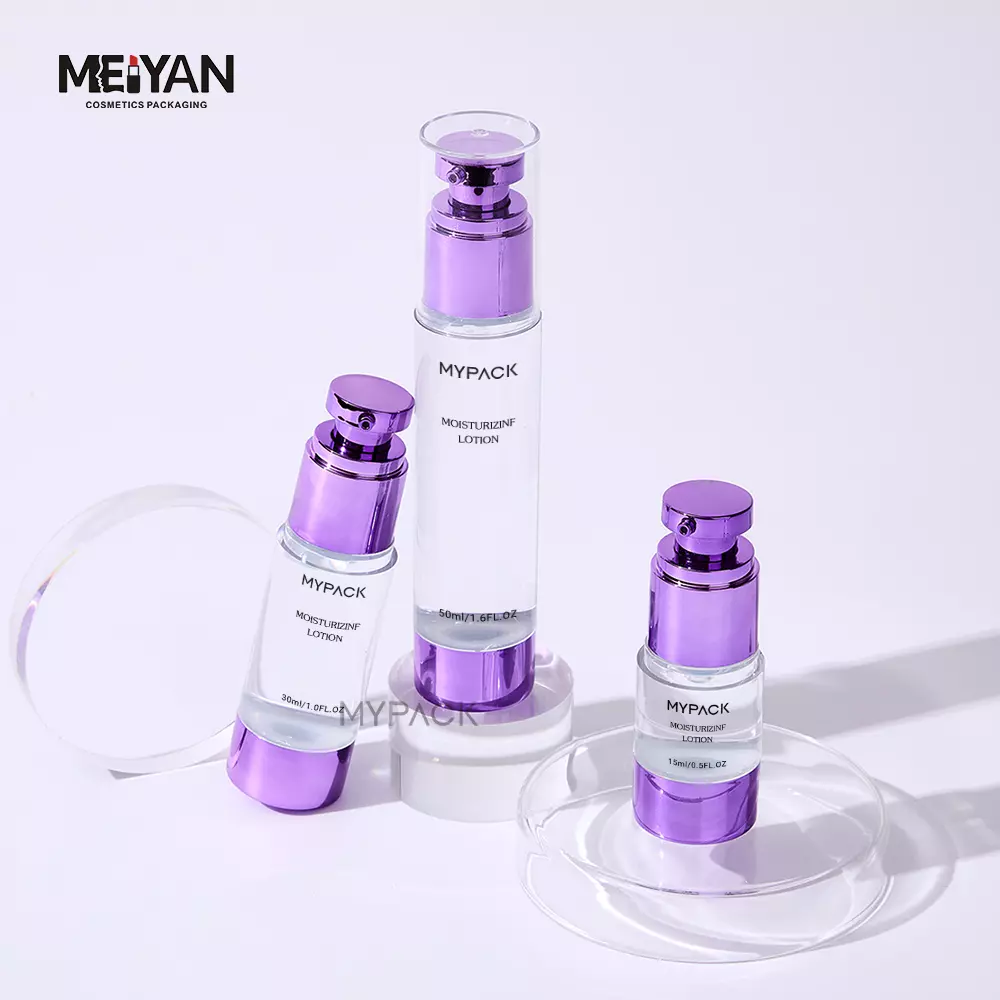 MYPACK custom purple AS plastic cosmetic airless face serum lotion electroplated pump bottle with cap 15ml 30ml