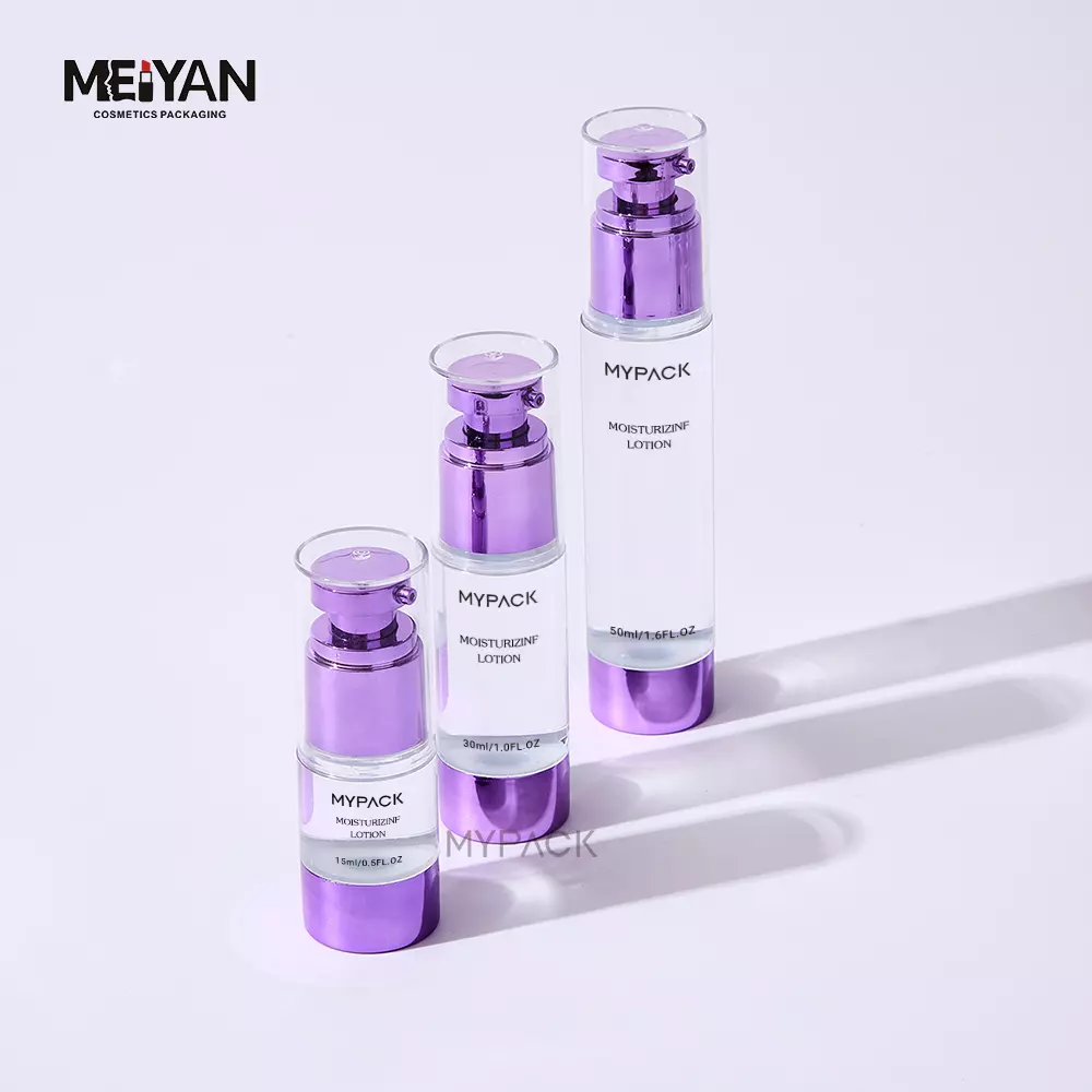 MYPACK custom purple AS plastic cosmetic airless face serum lotion electroplated pump bottle with cap 15ml 30ml