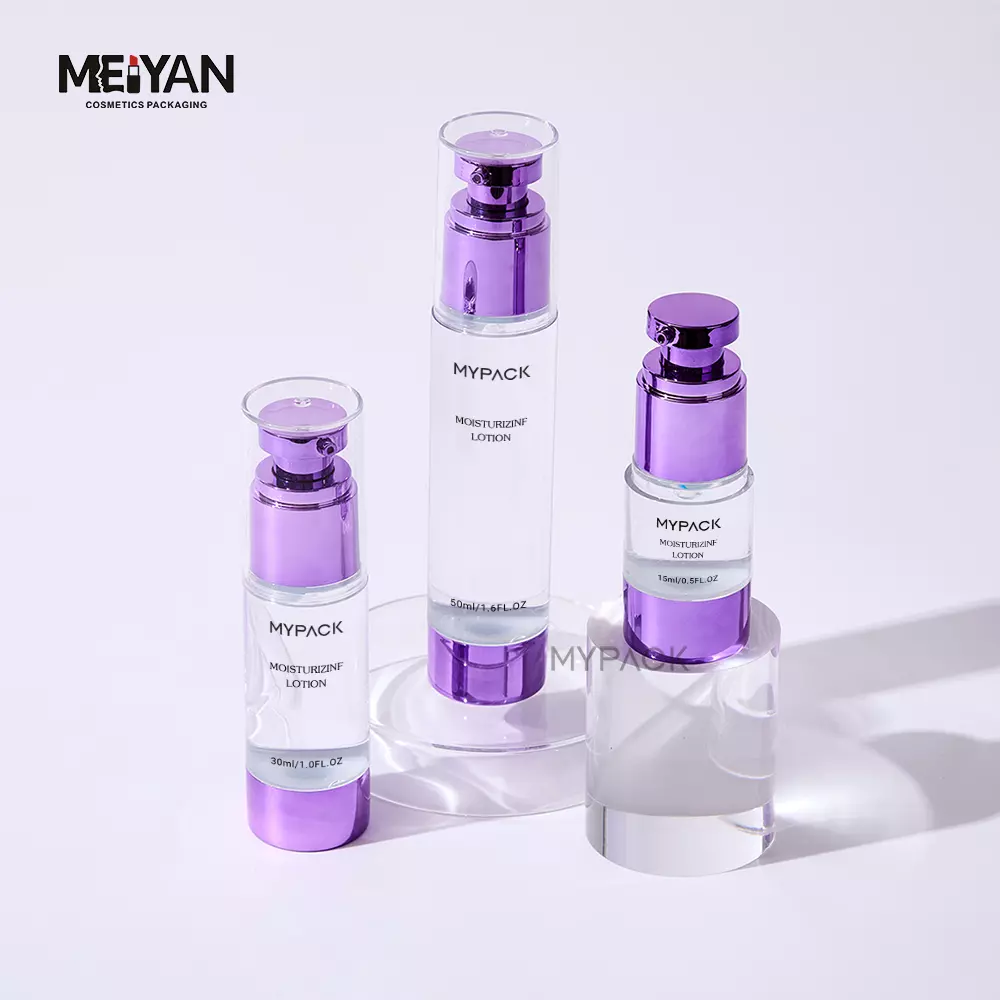 MYPACK custom purple AS plastic cosmetic airless face serum lotion electroplated pump bottle with cap 15ml 30ml