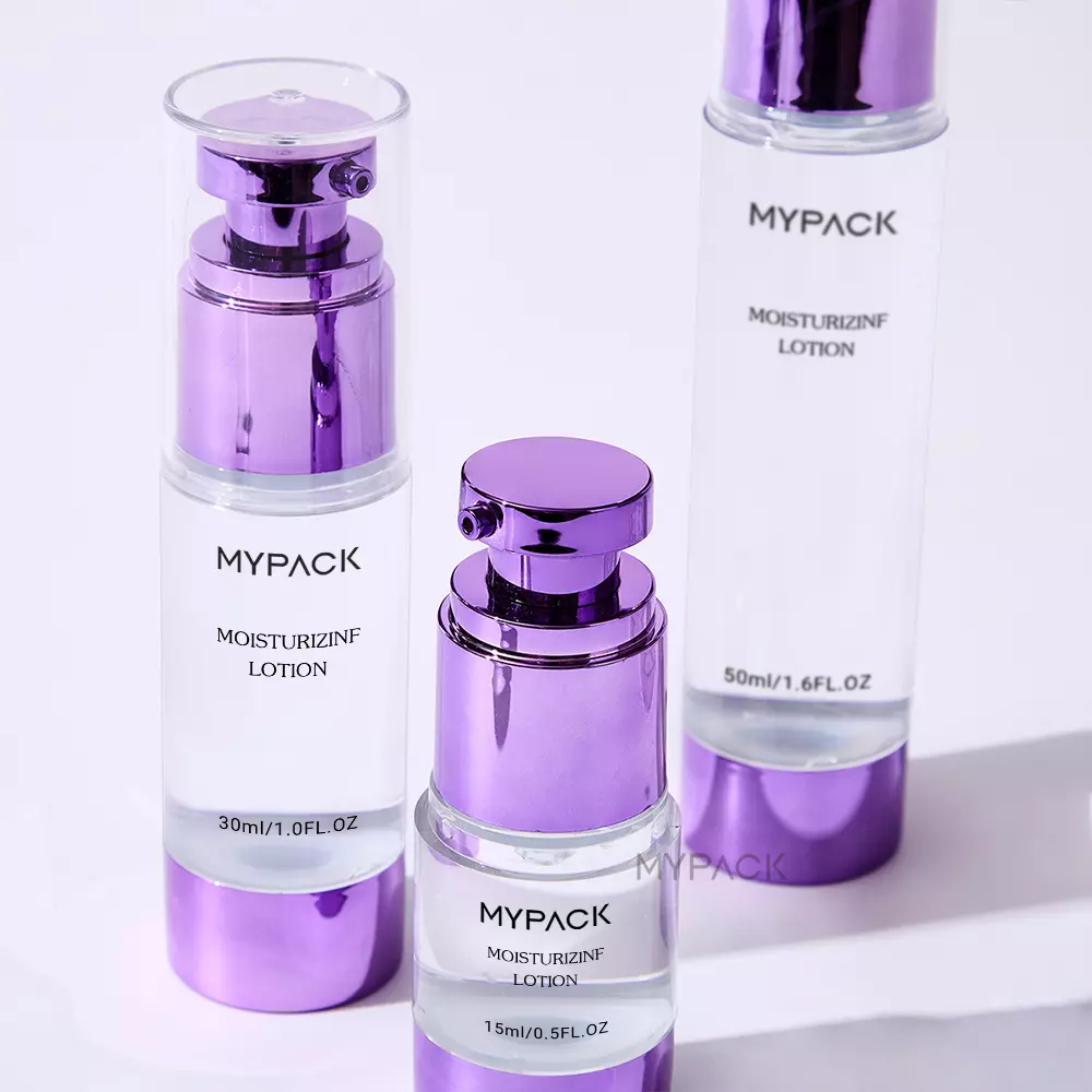 MYPACK custom purple AS plastic cosmetic airless face serum lotion electroplated pump bottle with cap 15ml 30ml