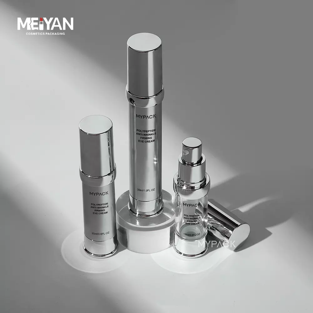 MYPACK luxury silver AS sunscreen lotion serum airless vaccum pump plastic bottle skincare cream 15ml 20ml 30ml