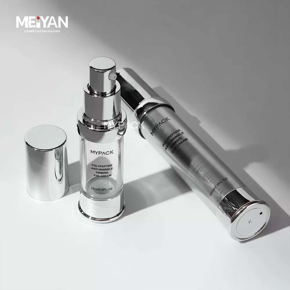 MYPACK luxury silver AS sunscreen lotion serum airless vaccum pump plastic bottle skincare cream 15ml 20ml 30ml