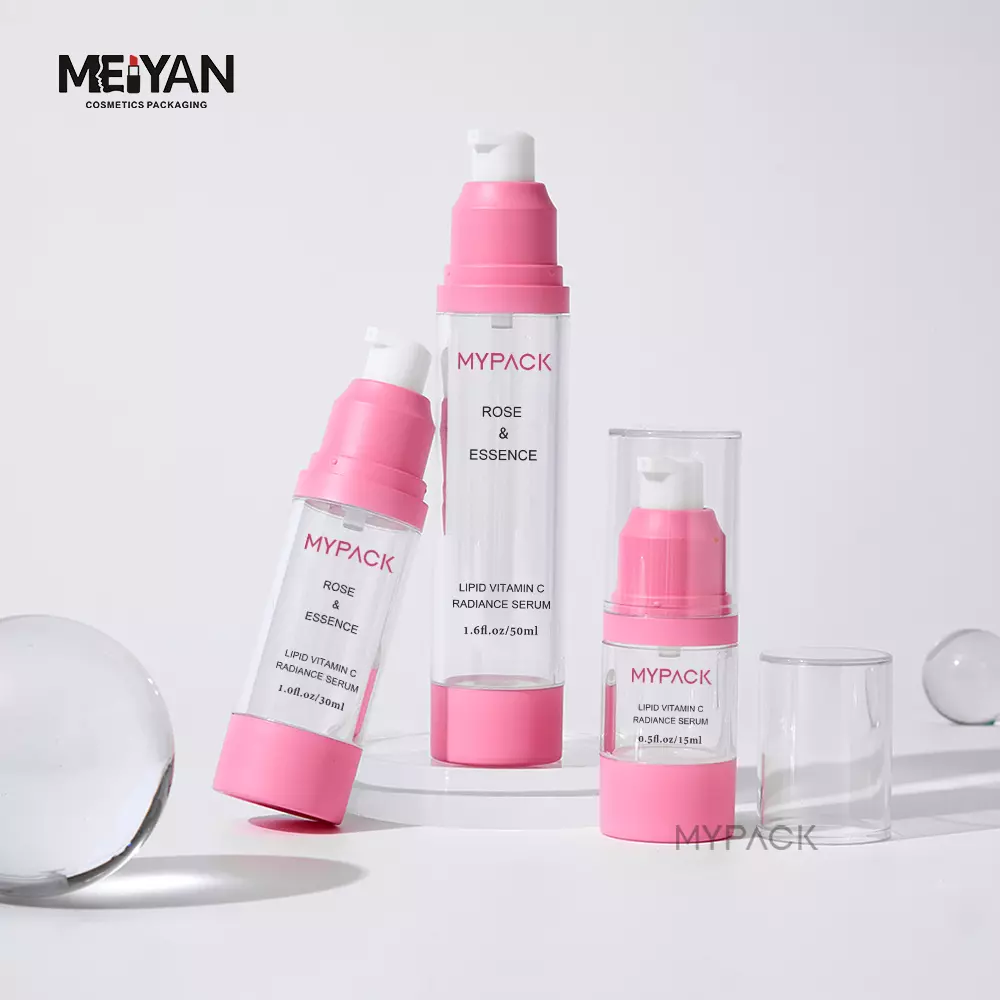 MYPACK wholesale cosmetic lotion bottle pink custom color 50ml 30ml pink clear cream airless pump bottle for oil