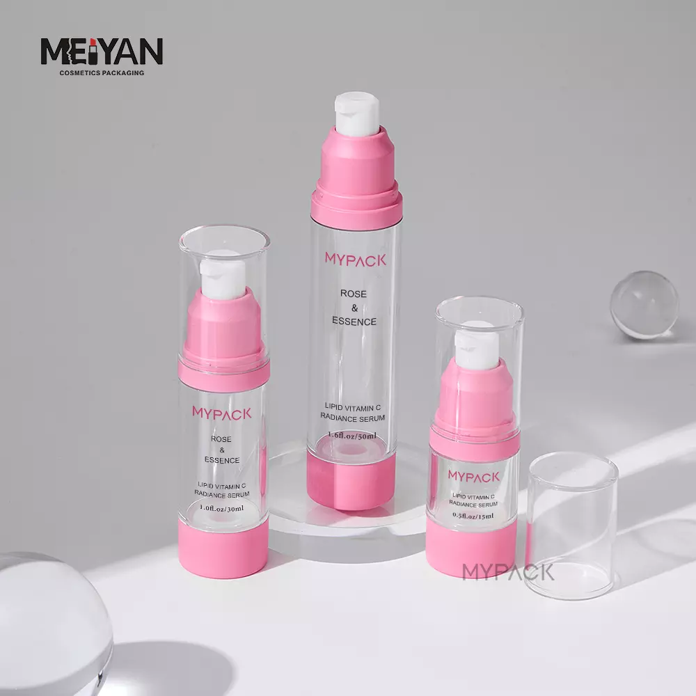 MYPACK wholesale cosmetic lotion bottle pink custom color 50ml 30ml pink clear cream airless pump bottle for oil