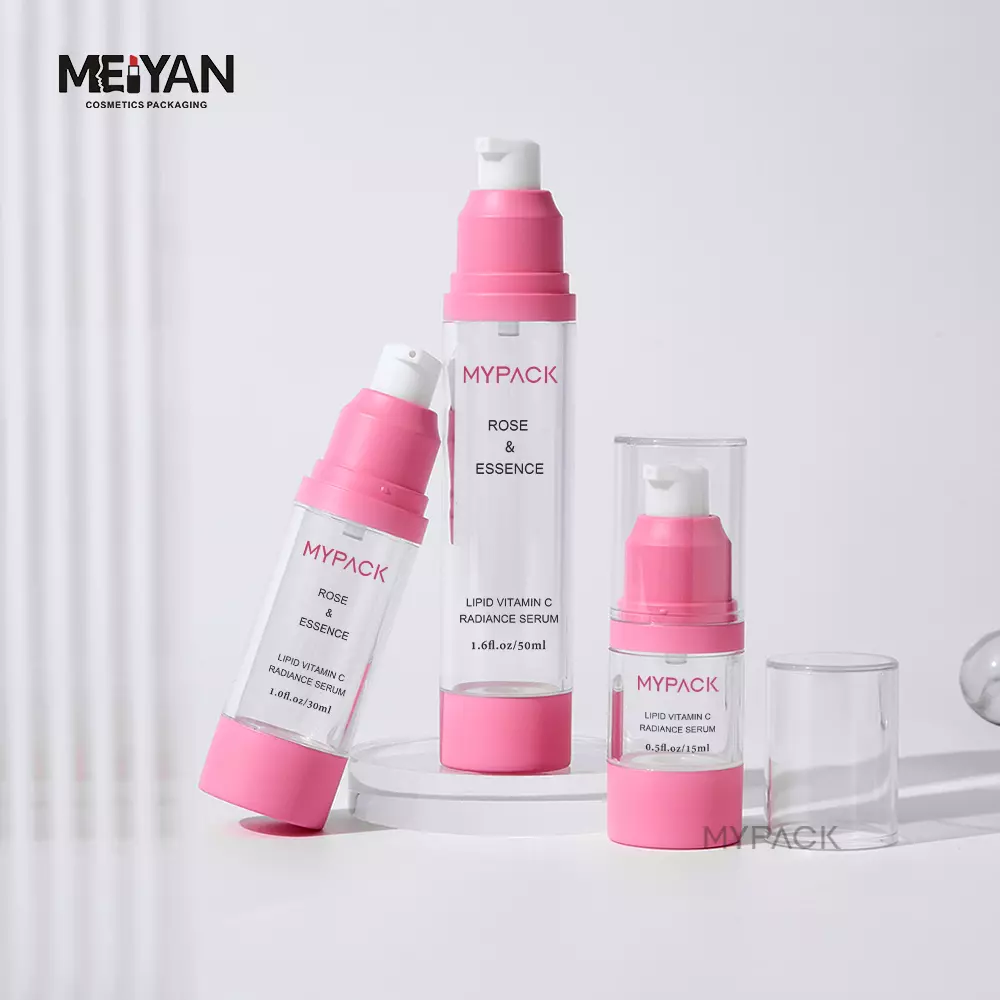 MYPACK wholesale cosmetic lotion bottle pink custom color 50ml 30ml pink clear cream airless pump bottle for oil