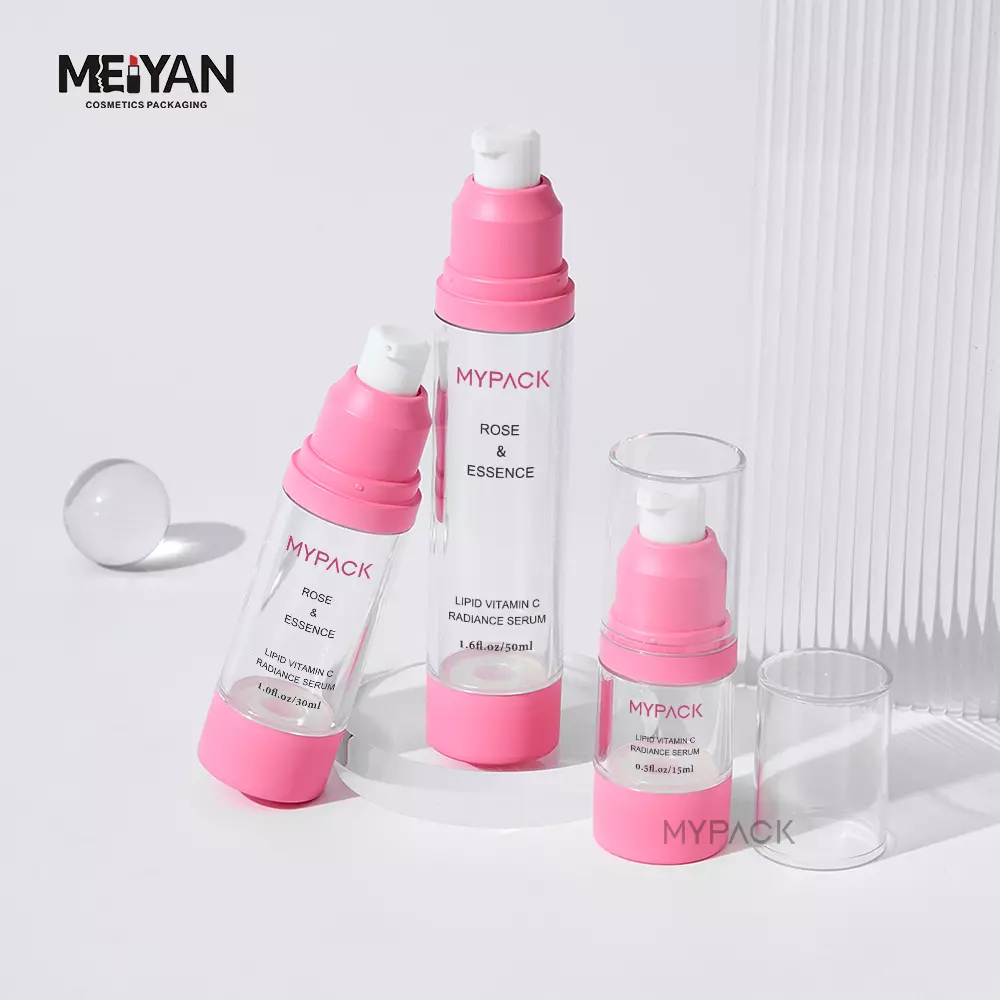 MYPACK wholesale cosmetic lotion bottle pink custom color 50ml 30ml pink clear cream airless pump bottle for oil