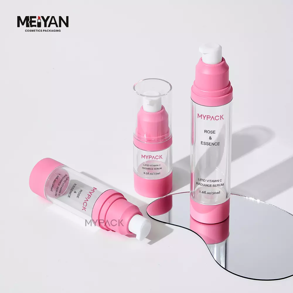 MYPACK wholesale cosmetic lotion bottle pink custom color 50ml 30ml pink clear cream airless pump bottle for oil