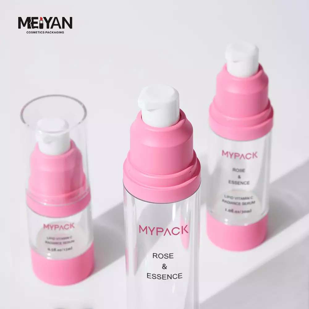 MYPACK wholesale cosmetic lotion bottle pink custom color 50ml 30ml pink clear cream airless pump bottle for oil