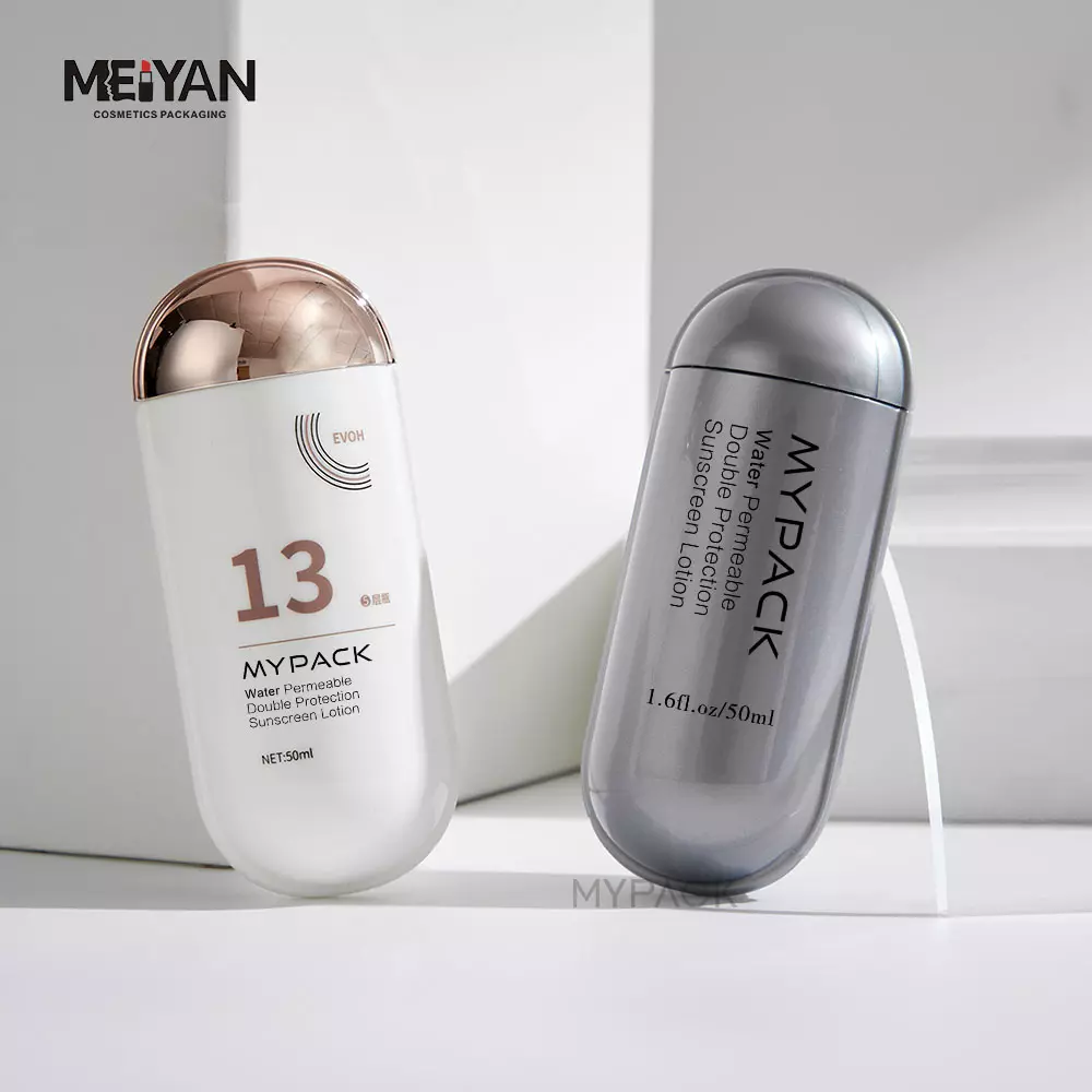 MYPACK customize luxury 50ml capsule shape plastic liquid skin care serum sunscreen packaging squeeze bottle