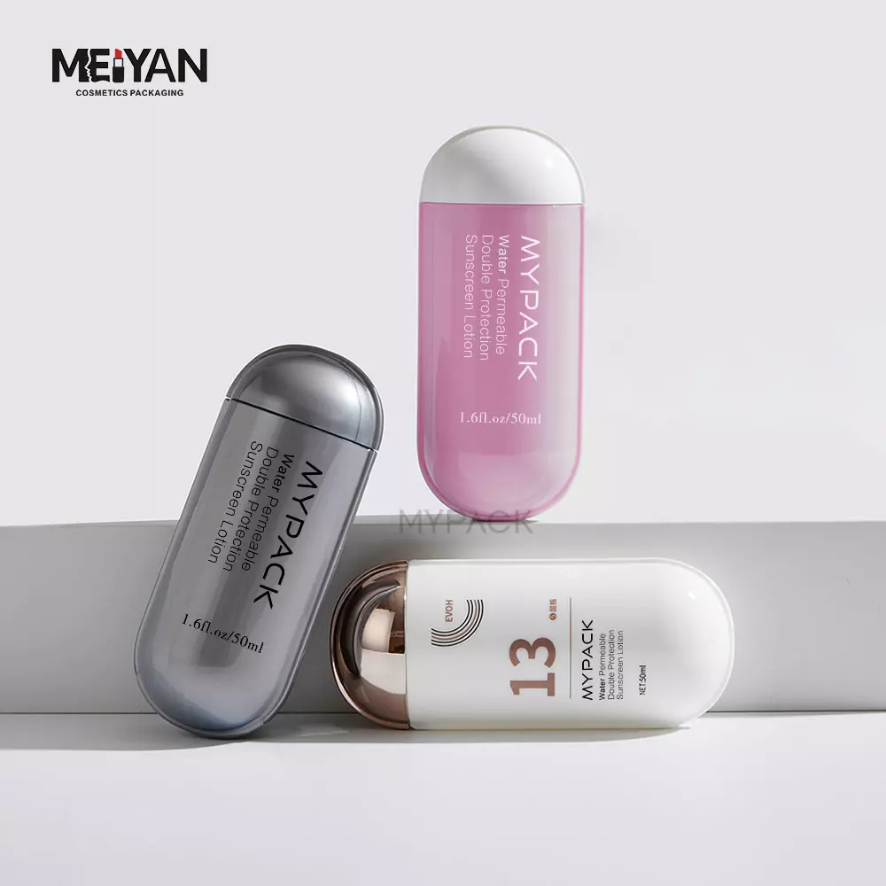 MYPACK customize luxury 50ml capsule shape plastic liquid skin care serum sunscreen packaging squeeze bottle