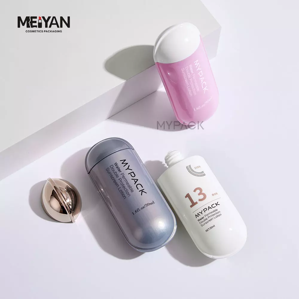 MYPACK customize luxury 50ml capsule shape plastic liquid skin care serum sunscreen packaging squeeze bottle