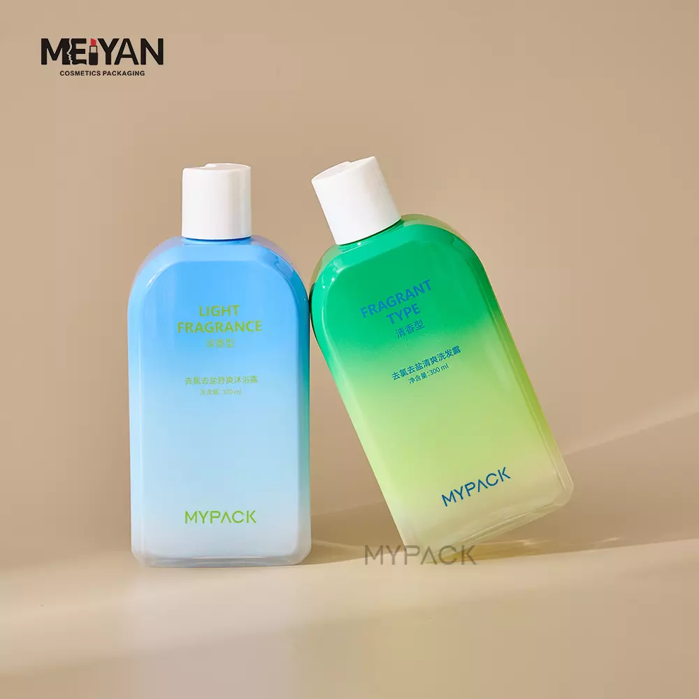 Wholesale 250ml 300ml square pet gradient coloured empty squeeze shampoo cosmetic seum lotion plastic bottle with white lid