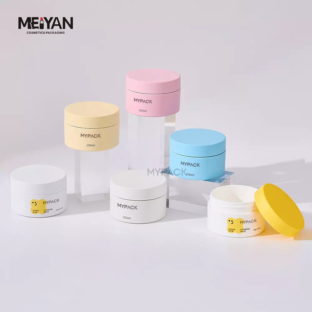 MYPACK pink colored flat biodegradabl plastic cosmetic jars 100g double wall frosted plastic jars for hair cream and scrub