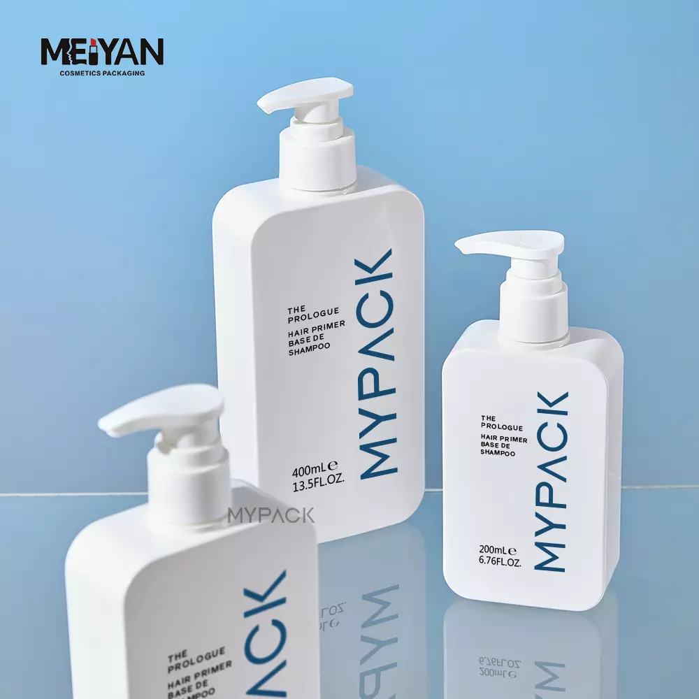 MYPACK luxury empty PETG square shape white 200ml 300ml 400ml cosmetic shampoo shower gel body lotion pump bottle packaging