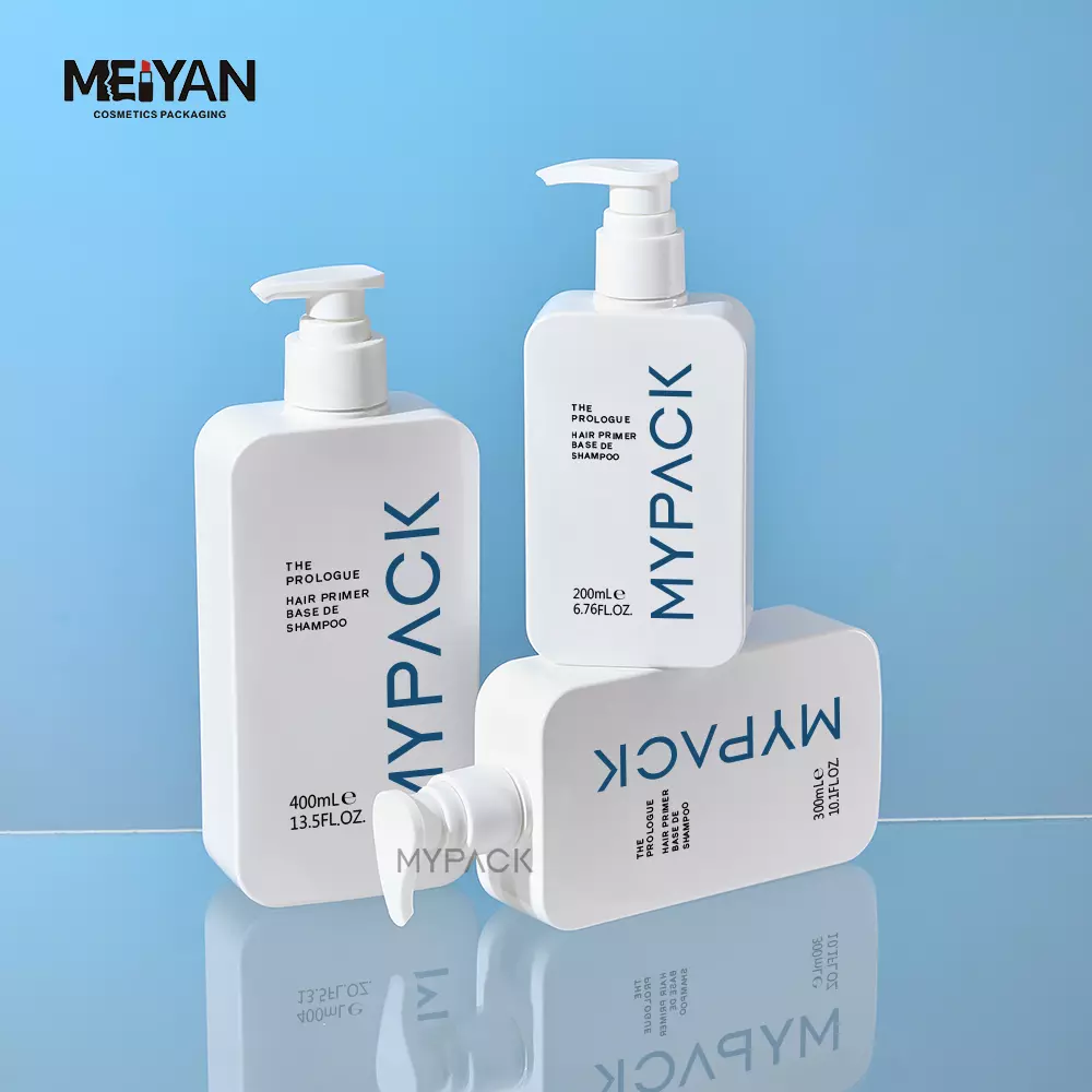 MYPACK luxury empty PETG square shape white 200ml 300ml 400ml cosmetic shampoo shower gel body lotion pump bottle packaging