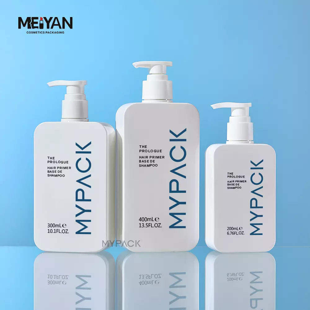 MYPACK luxury empty PETG square shape white 200ml 300ml 400ml cosmetic shampoo shower gel body lotion pump bottle packaging