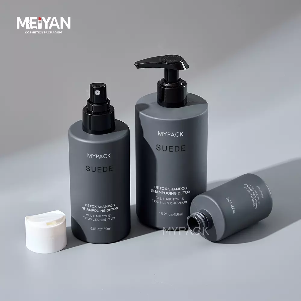 MYPACK luxury empty round grey plastic hair care shampoo and conditioner lotion pump cosmetic jars bottle set 350ml 450ml