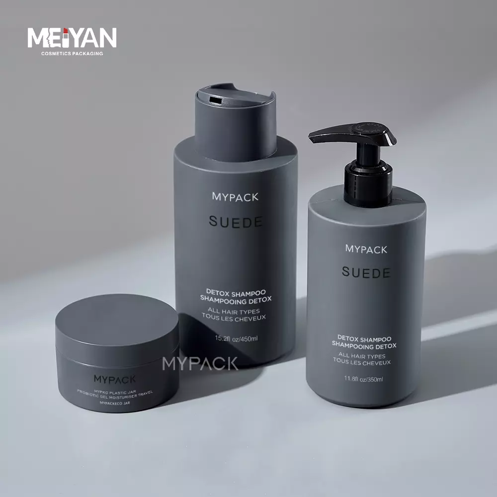 MYPACK luxury empty round grey plastic hair care shampoo and conditioner lotion pump cosmetic jars bottle set 350ml 450ml