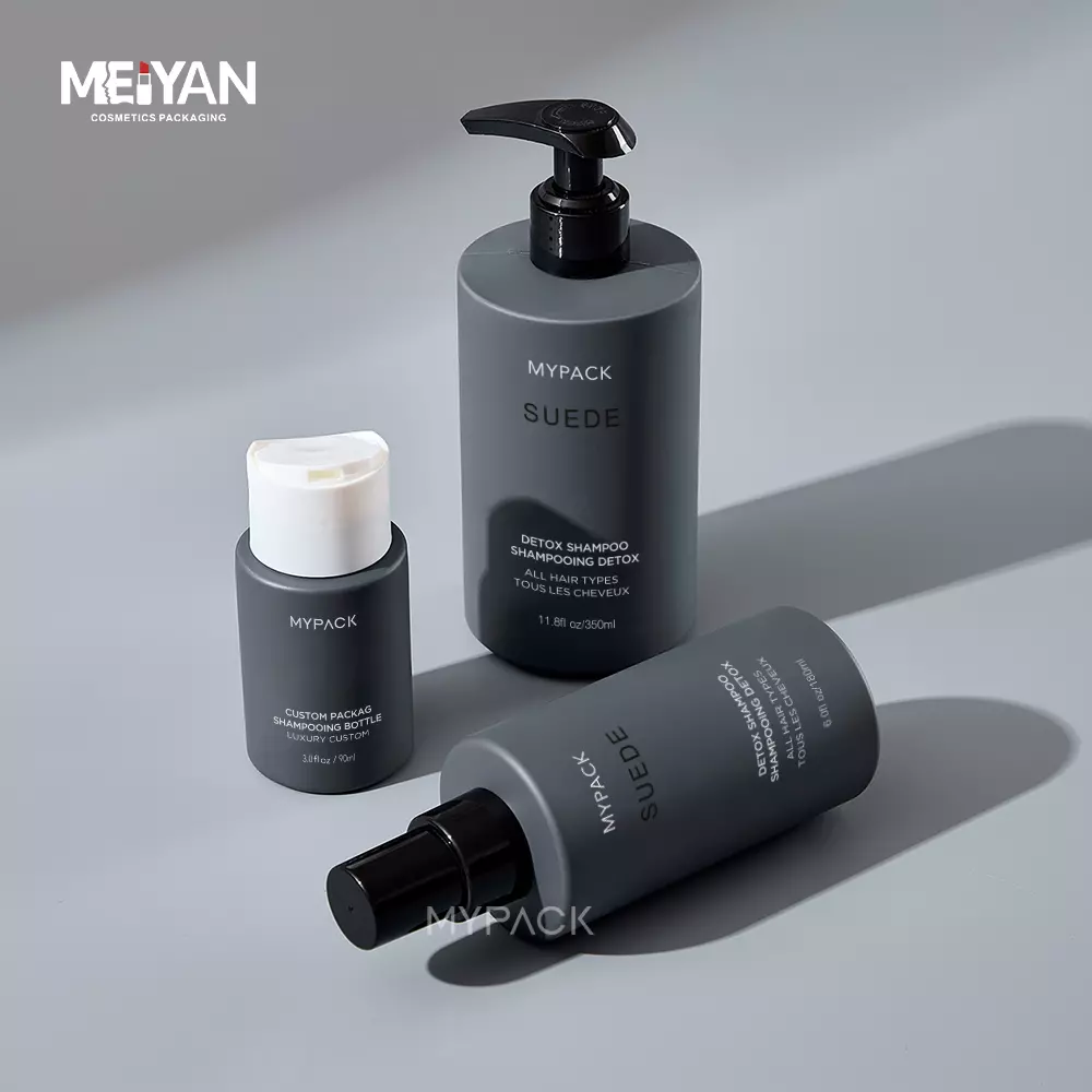 MYPACK luxury empty round grey plastic hair care shampoo and conditioner lotion pump cosmetic jars bottle set 350ml 450ml