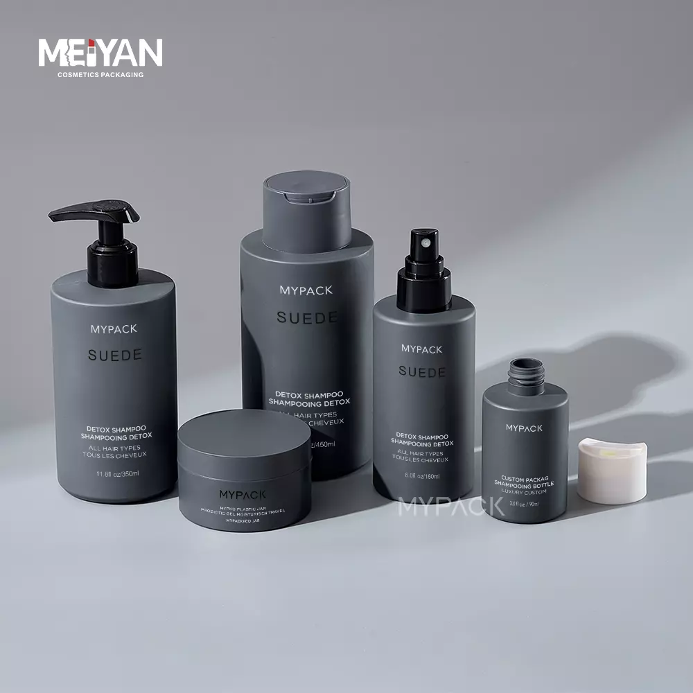 MYPACK luxury empty round grey plastic hair care shampoo and conditioner lotion pump cosmetic jars bottle set 350ml 450ml