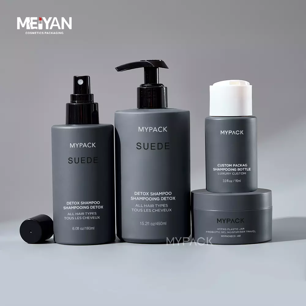 MYPACK luxury empty round grey plastic hair care shampoo and conditioner lotion pump cosmetic jars bottle set 350ml 450ml