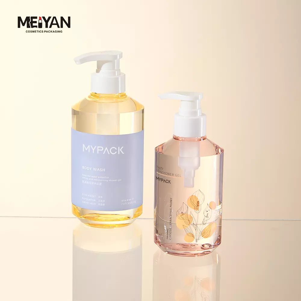 MYPACK unique sloping shoulder clear petg plastic 300ml 500ml luxury cosmetics shampoo and conditioner lotion bottle with pump