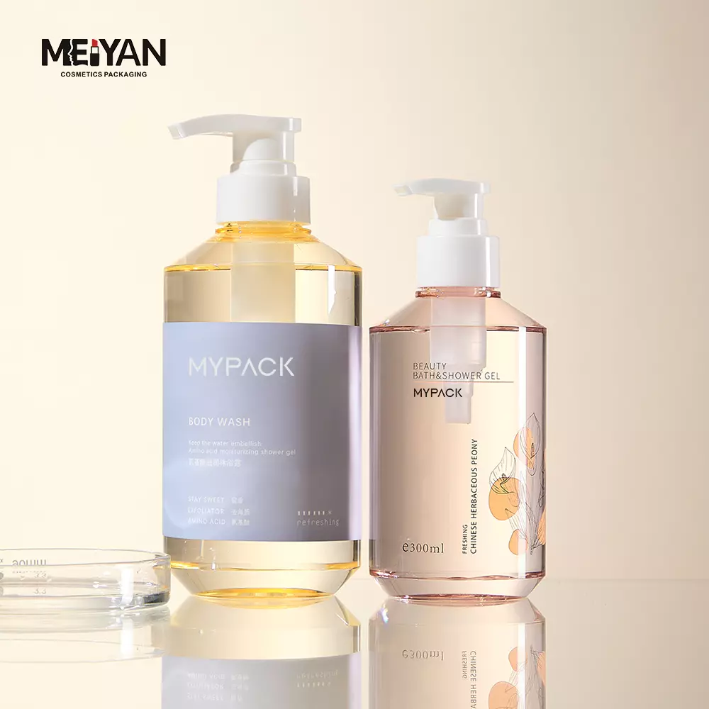 MYPACK unique sloping shoulder clear petg plastic 300ml 500ml luxury cosmetics shampoo and conditioner lotion bottle with pump