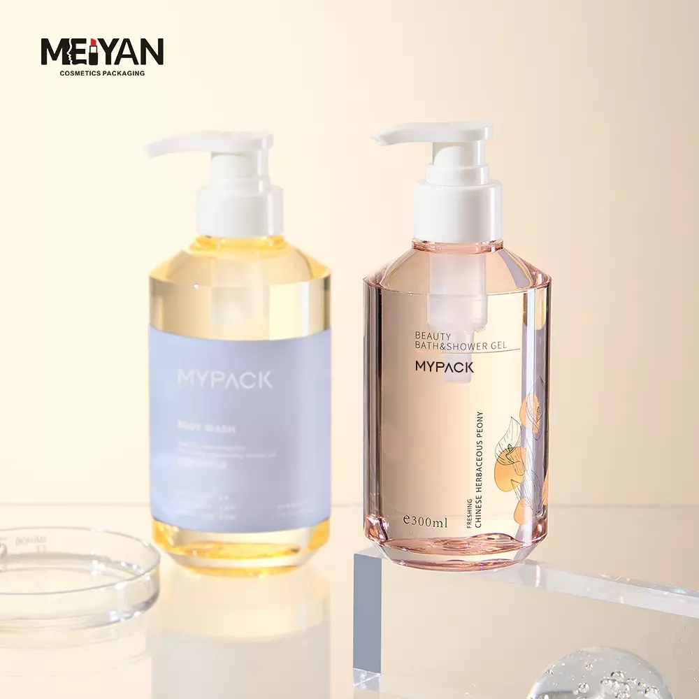 MYPACK unique sloping shoulder clear petg plastic 300ml 500ml luxury cosmetics shampoo and conditioner lotion bottle with pump