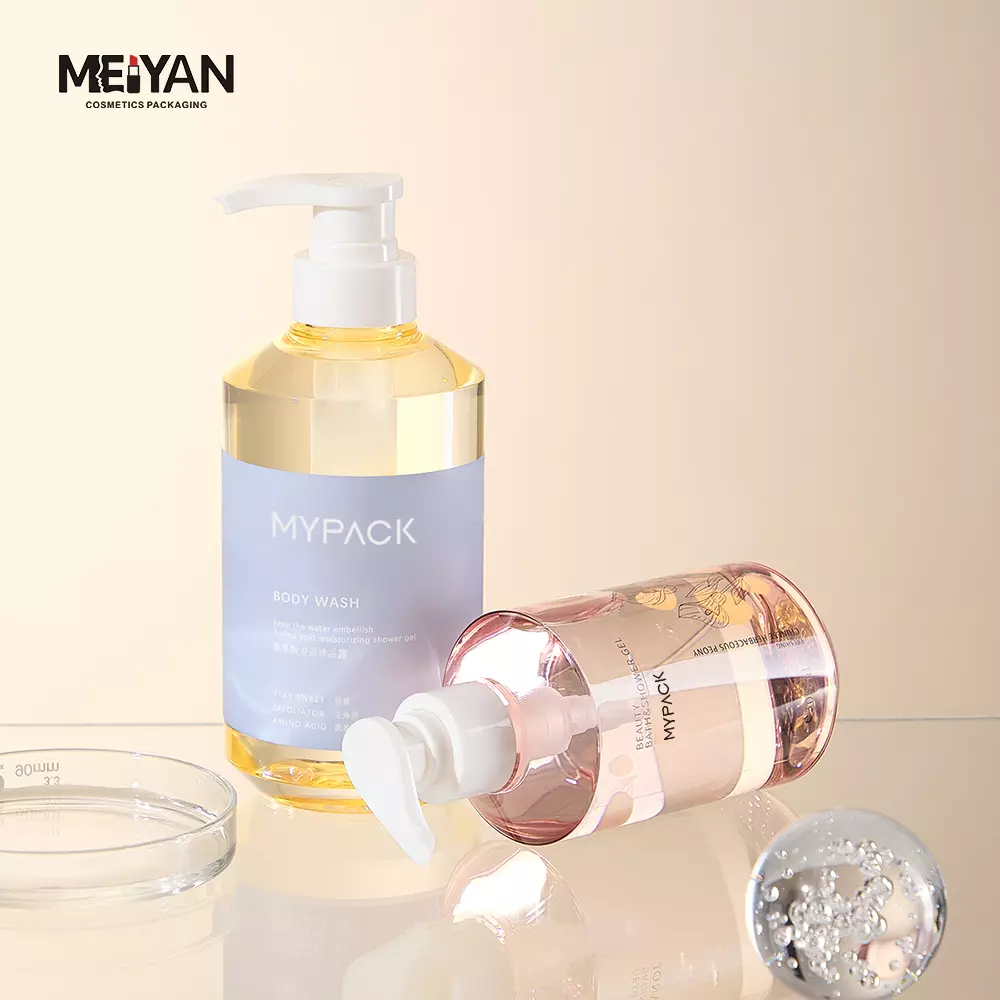 MYPACK unique sloping shoulder clear petg plastic 300ml 500ml luxury cosmetics shampoo and conditioner lotion bottle with pump