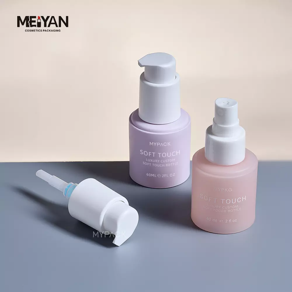 MYPACK travel size hdpe bottle 60ml soft touch cylinder flat shoulder 2oz cosmetic plastic spray bottle with pump