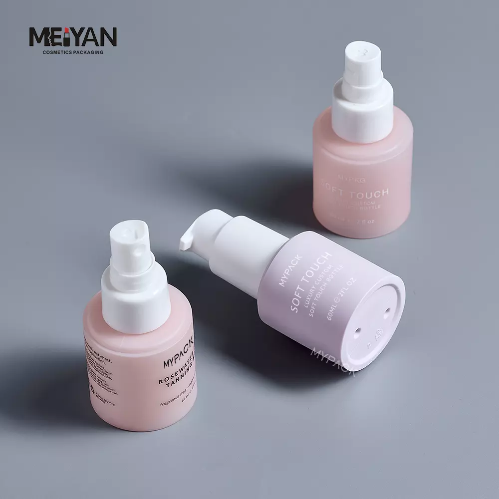 MYPACK travel size hdpe bottle 60ml soft touch cylinder flat shoulder 2oz cosmetic plastic spray bottle with pump