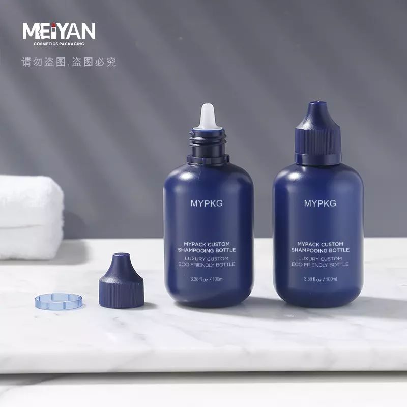 MYPACK round 50ml 100ml 250ml matte blue hdpe squeezable plastic empty packaging hair oil body oil bottle with nozzle cap