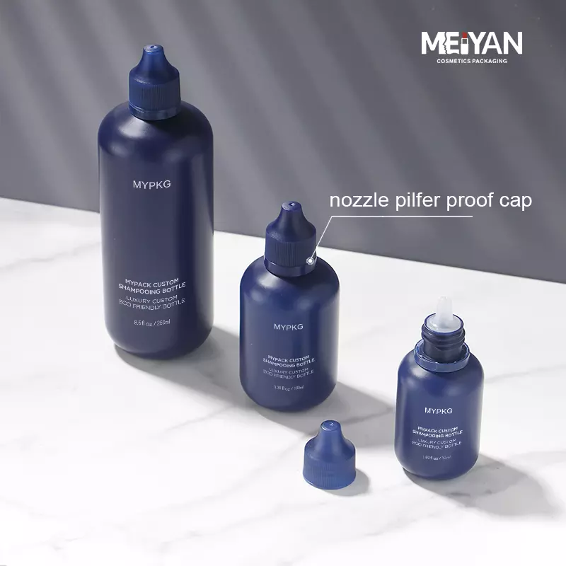 MYPACK round 50ml 100ml 250ml matte blue hdpe squeezable plastic empty packaging hair oil body oil bottle with nozzle cap