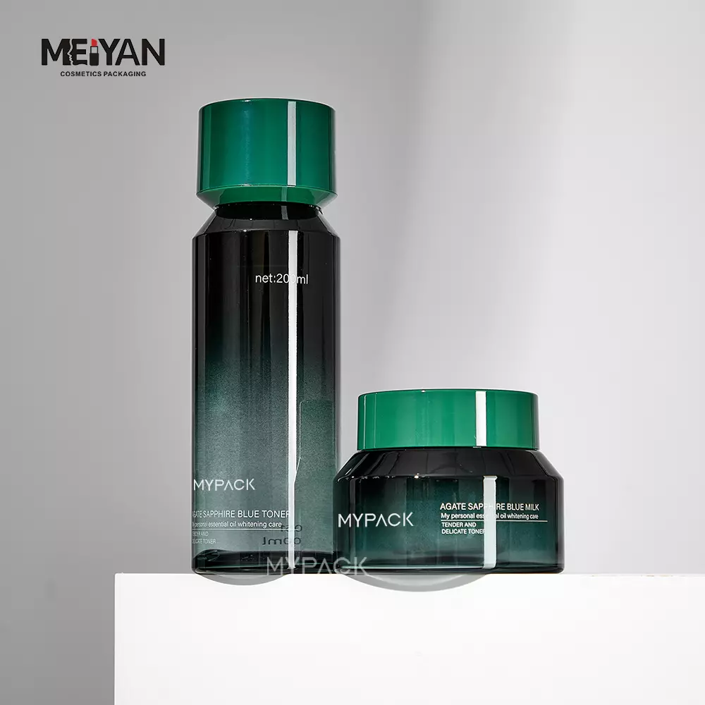 MYPACK gradient green unique slant shoulder thick wall cosmetic jar 50g luxury aesthetic skincare set packaging for face serum