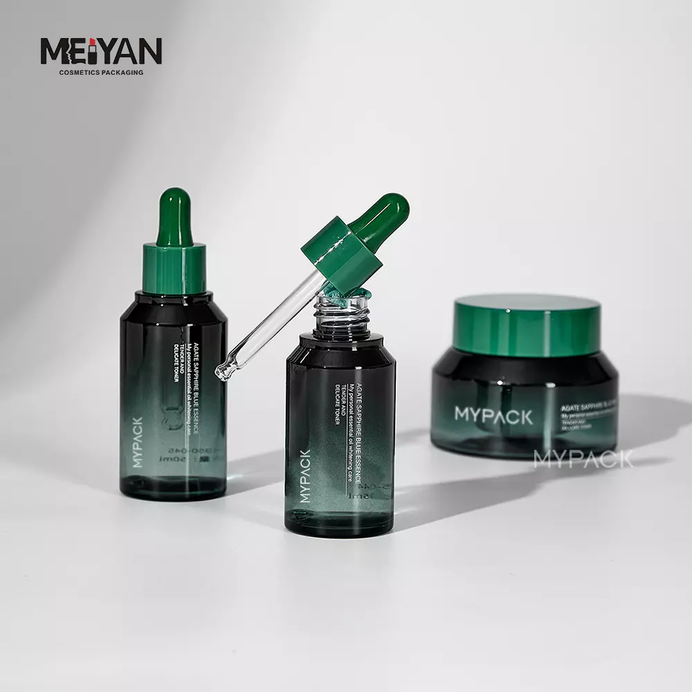 MYPACK gradient green unique slant shoulder thick wall cosmetic jar 50g luxury aesthetic skincare set packaging for face serum